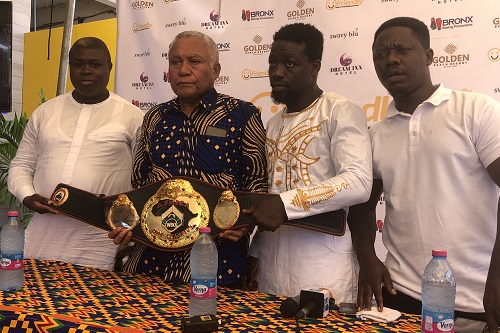 Mr Samir Captan (2nd left), WBO Africa Supervisor displays the belt with boxer Sherrif Quaye (2nd right) Mr Samir Captan (2nd left), WBO Africa Supervisor displays the belt with boxer Sherrif Quaye (2nd right)