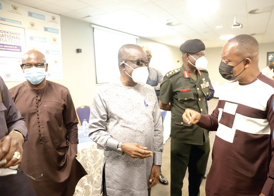 Mr Albert Kan-Dapaah (2nd from left), Minister of National Security, explaining a point to Mr David Agbee (right), Executive Director, Ghana Institute of Governance and Security, after the workshop. Looking on are Mr Ibrahim-Tanko Amidu (left), Executive Director, Star-Ghana Foundation. Picture: EDNA SALVO-KOTEY Mr Albert Kan-Dapaah (2nd from left), Minister of National Security, explaining a point to Mr David Agbee (right), Executive Director, Ghana Institute of Governance and Security, after the workshop. Looking on are Mr Ibrahim-Tanko Amidu (left), Executive Director, Star-Ghana Foundation. Picture: EDNA SALVO-KOTEY