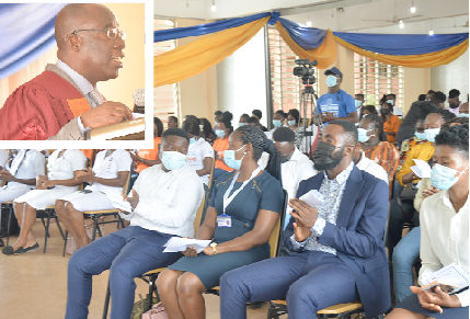 Prof. Obeng Mireku (Inset), President of the Wisconsin International University College, Ghana speaking at the matriculation. Picture: ALBERTA MORTTY Prof. Obeng Mireku (Inset), President of the Wisconsin International University College, Ghana speaking at the matriculation. Picture: ALBERTA MORTTY