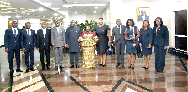 Vice-President Dr Mahamudu Bawumia (5th from left) with Mrs Akosua Frema Osei-Opare (6th from left), the Chief of Staff, and members of the Legal Service Board after the swearing in ceremony. Picture: SAMUEL TEI ADANO Vice-President Dr Mahamudu Bawumia (5th from left) with Mrs Akosua Frema Osei-Opare (6th from left), the Chief of Staff, and members of the Legal Service Board after the swearing in ceremony. Picture: SAMUEL TEI ADANO