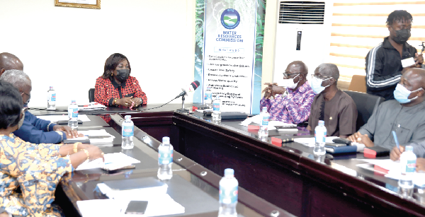 Ms Cecilia Abena Dapaah (head of table), Minister of Sanitation and Water Resources, addressing the 15-member board in Accra. Picture: EMMANUEL QUAYE Ms Cecilia Abena Dapaah (head of table), Minister of Sanitation and Water Resources, addressing the 15-member board in Accra. Picture: EMMANUEL QUAYE