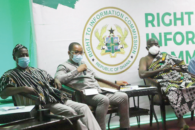 Mr Ben Abdallah Banda (with mic), a former MP for Ofinso South, speaking at the RTI Commission forum in Kumasi. Flanking him are Nana Kwame Adu (right), and Mr Justice K.A Ofori-Atta, both members of the commission. Picture: EMMANUEL BAAH Mr Ben Abdallah Banda (with mic), a former MP for Ofinso South, speaking at the RTI Commission forum in Kumasi. Flanking him are Nana Kwame Adu (right), and Mr Justice K.A Ofori-Atta, both members of the commission. Picture: EMMANUEL BAAH