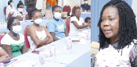 Ms. Selina Owusu (right), National Gender Analyst, United Nations Population Fund, addressing the beneficiaries. Picture: NII MARTEY M. BOTCHWAY Ms. Selina Owusu (right), National Gender Analyst, United Nations Population Fund, addressing the beneficiaries. Picture: NII MARTEY M. BOTCHWAY