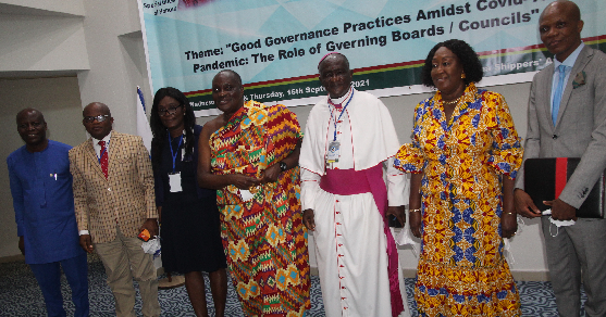 Nana Otuo Siriboe II (middle), the Paramount Chief of Asante-Juaben Traditional Area, and other members of the board. Picture: ESTHER ADJEI Nana Otuo Siriboe II (middle), the Paramount Chief of Asante-Juaben Traditional Area, and other members of the board. Picture: ESTHER ADJEI
