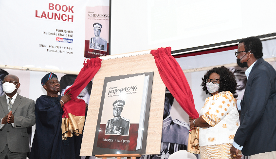 Ambasaador Robert Adeleke Adebiyi (2nd from left), an aid to Former President Olusegun Obasanjo of Nigeria, being assisted by Mrs. Faustina Acheampong (2nd from right) to unviel the book of Gen I.K Acheampong. With them are Prof Yaw Adu-Gyamfi (left), Chairman of the event, and Prof Baffour Agyemang-Duah (right), an author of the book. Picture: EBOW HANSON Ambasaador Robert Adeleke Adebiyi (2nd from left), an aid to Former President Olusegun Obasanjo of Nigeria, being assisted by Mrs. Faustina Acheampong (2nd from right) to unviel the book of Gen I.K Acheampong. With them are Prof Yaw Adu-Gyamfi (left), Chairman of the event, and Prof Baffour Agyemang-Duah (right), an author of the book. Picture: EBOW HANSON