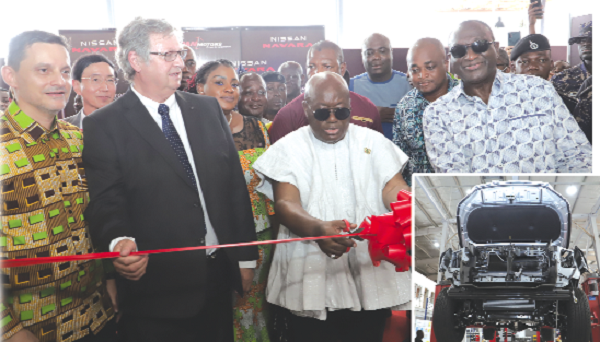 President Akufo-Addo (middle) cutting the tape to commission the Nissan Vehicle Assembly Plant in Tema. Those with him are Alan Kyerematen (right), Salem Kalmoni (left), Group Managing Director, Japan Motors, and Mike Whitfield (2nd from left), MD, Nissan Africa. INSET: A vehicle going through the production process. Picture: SAMUEL TEI ADANO