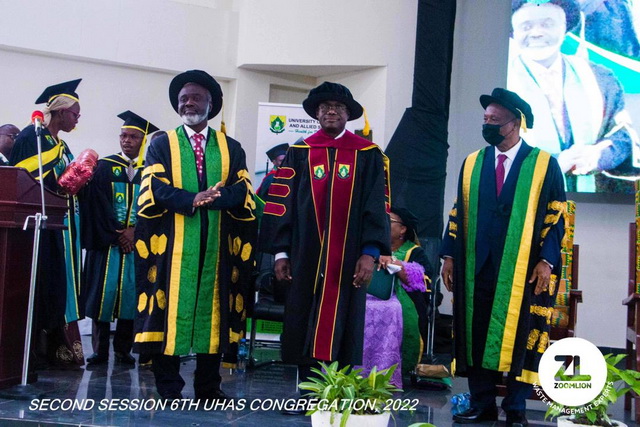 Dr. Siaw Agyepong (middle) after he was decorated with the honours on Saturday by Justice Victor J.M. Dotse, Chairman of the Council of UHAS and Professor John Owusu Gyapong, Vice Chancellor of UHAS, Dr. Siaw Agyepong (middle) after he was decorated with the honours on Saturday by Justice Victor J.M. Dotse, Chairman of the Council of UHAS and Professor John Owusu Gyapong, Vice Chancellor of UHAS,