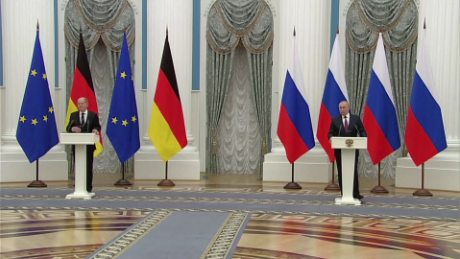 Vladimir Putin and Olaf Scholz speak at a joint press conference in Moscow on February 15, before Russia's invasion of Ukraine had started. Vladimir Putin and Olaf Scholz speak at a joint press conference in Moscow on February 15, before Russia's invasion of Ukraine had started.