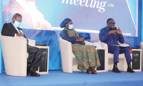  Humphrey Ayim-Darke (right), Chief Executive Officer, RedMoon Resources Limited, Hamdiya Ismaila (2nd from right), General Manager, Venture Capital Trust Fund, and Dr J.K. Kwakye (left), Director of Research, Institute of Economic Affairs. Picture: ESTHER ADJORKOR ADJEI