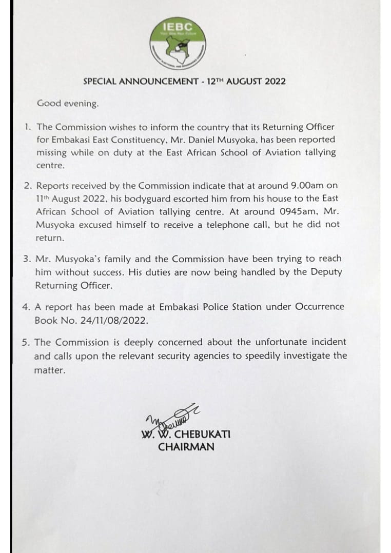 Kenya Election: Electoral constituency officer declared missing after receiving a phone call Kenya Election: Electoral constituency officer declared missing after receiving a phone call