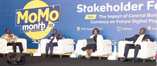 Clarence Blay (2nd from left), Assistant Director, Fin Tech Promotion and Innovation, Bank of Ghana, speaking at the forum. With him are Eli Hini (right), CEO, Mobile Money Limited; Martha Acquaye (2nd from right), Head, Digital and Inclusive Banking, Calbank, and Romeo Bugyei (left), CEO, IT Consortium. Picture: ELVIS NII NOI DOWUONA Clarence Blay (2nd from left), Assistant Director, Fin Tech Promotion and Innovation, Bank of Ghana, speaking at the forum. With him are Eli Hini (right), CEO, Mobile Money Limited; Martha Acquaye (2nd from right), Head, Digital and Inclusive Banking, Calbank, and Romeo Bugyei (left), CEO, IT Consortium. Picture: ELVIS NII NOI DOWUONA