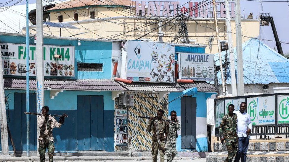 Security forces patrol near the entrance of the Hayat Hotel in Mogadishu Security forces patrol near the entrance of the Hayat Hotel in Mogadishu