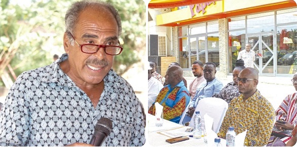 Otoobour Djan Kwasi II (left), Chief of Aburi and Ag President, Akuapem Traditional Council, as well as other dignitaries seated at the launch. INSET:  Dr Samir Kalmoni, Executive Chairman, Papaye Group, delivering his address. Picture: ERNEST KODZI