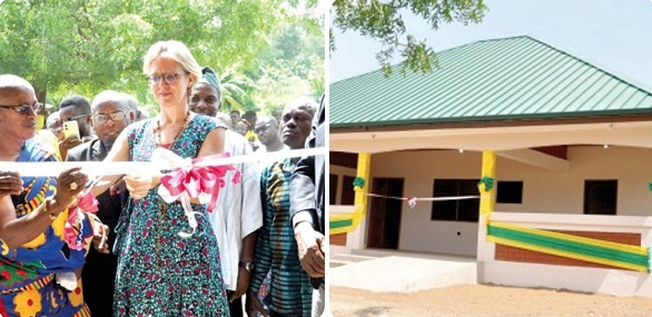 The CHPS compound at Atsiekpoe. INSET: Samuel Okudzeto Ablakwa (left), the MP for North Tongu, Togbe Patamia Dzekle VI (2nd from left), the Paramount Chief of Battor, and Cindy Noordermeer-Panou,  (2nd from right), President, Stepping Stones for Africa Foundation, inaugurating the CHPS compound