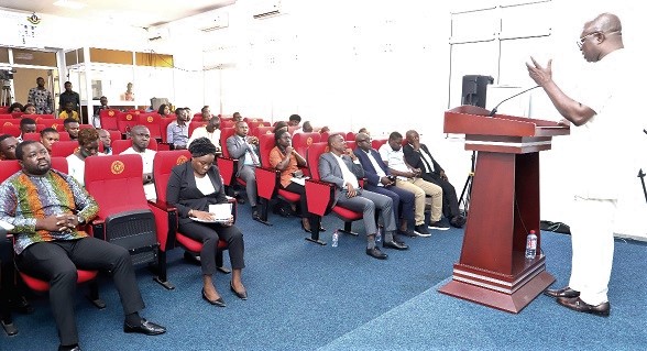 Osei Assibey Antwi (right), Executive Director, National Service Scheme, addressing the media in Accra. Picture: SAMUEL TEI ADANO Osei Assibey Antwi (right), Executive Director, National Service Scheme, addressing the media in Accra. Picture: SAMUEL TEI ADANO