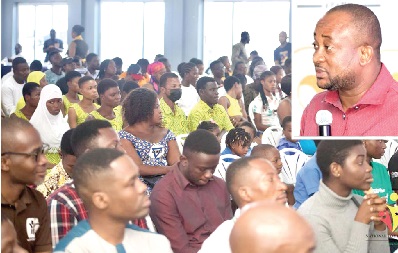 Pius Enam Hadzide (inset), Chief Executive Officer of the National Youth Authority, speaking at the 2022 International Volunteer Day in Accra Pius Enam Hadzide (inset), Chief Executive Officer of the National Youth Authority, speaking at the 2022 International Volunteer Day in Accra