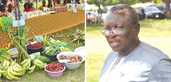 Locally grown food stuff on display at the durbar in Sogakope. (INSET), Seth Agbi, DCE, South Tongu Locally grown food stuff on display at the durbar in Sogakope. (INSET), Seth Agbi, DCE, South Tongu