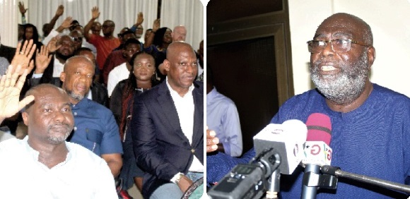 Members of the association voting for new executives. Inset: Francis Dadzie, Executive Director, Advertising Association of Ghana, addressing the AGM. Picture: ESTHER ADJORKOR ADJEI Members of the association voting for new executives. Inset: Francis Dadzie, Executive Director, Advertising Association of Ghana, addressing the AGM. Picture: ESTHER ADJORKOR ADJEI