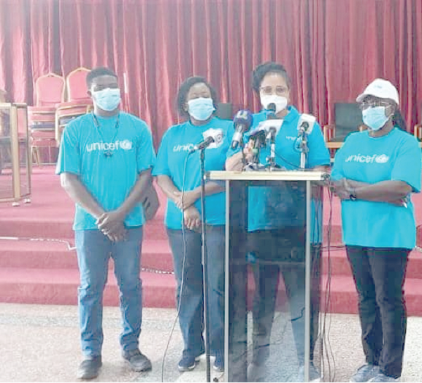 Charity Nikoi (2nd from right), Social and Behaviour Change Officer, UNICEF Ghana, and her team, addressing the programme. Charity Nikoi (2nd from right), Social and Behaviour Change Officer, UNICEF Ghana, and her team, addressing the programme.