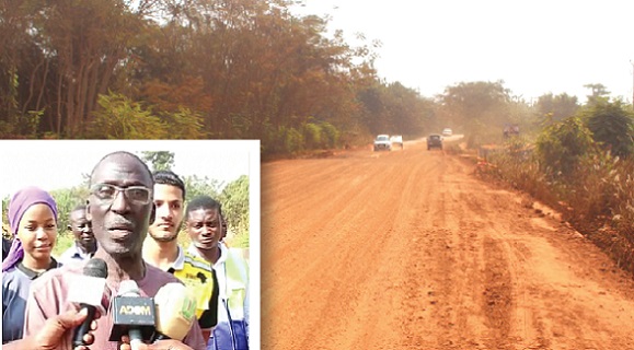 The reshaped road. INSET: Alhaji Abdallah Ahmed-Abdallah, CEO of PMC Construction Limited, speaking to newsmen The reshaped road. INSET: Alhaji Abdallah Ahmed-Abdallah, CEO of PMC Construction Limited, speaking to newsmen