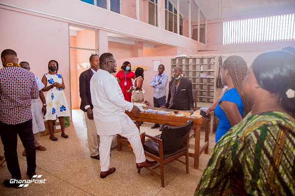 The Acting Managing Director of Ghana Post, Mr Bice Osei Kuffour popularly called Obour (in white attire), interacting with the staff of the company at Sunyani The Acting Managing Director of Ghana Post, Mr Bice Osei Kuffour popularly called Obour (in white attire), interacting with the staff of the company at Sunyani