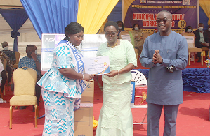 Ms. Monica Ankrah (middle), Greater Accra Regional Director of Education, presenting a certificate to Ms. Ophelia A. Sowah (left), the Overall Best Teacher. With them is Mr. Mordecai Quarshie (right), Municipal Chief Executive Officer of Ledzokuku Municipal. Picture: ESTHER ADJEI Ms. Monica Ankrah (middle), Greater Accra Regional Director of Education, presenting a certificate to Ms. Ophelia A. Sowah (left), the Overall Best Teacher. With them is Mr. Mordecai Quarshie (right), Municipal Chief Executive Officer of Ledzokuku Municipal. Picture: ESTHER ADJEI