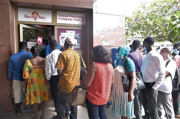 People in a long queue to buy chocolate at the Head Office of COCOBOD in Accra yesterday. Picture: Emmanuel Quaye People in a long queue to buy chocolate at the Head Office of COCOBOD in Accra yesterday. Picture: Emmanuel Quaye