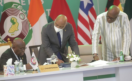 President Akufo-Addo interacing with Mr. Jean Claude Kassi Brou [2nd from left], President the ECOWAS Commission, while Mr. Roch Christian Kabore of Burkina Faso looks on. Pix SAMUEL TEI ADANO
