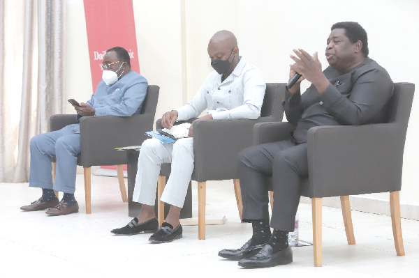 Dr Abu Sakara (right), an Agronomist, speaking at the ceremony. With him are Dr Owusu Akoto (left), Minister of Agriculture, and Mr Huge Brown, Director of Operations, Forestry Commission. Picture: SAMUEL TEI ADANO