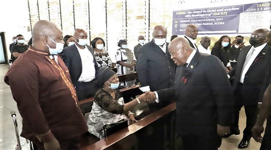 President Akufo-Addo consoling Mrs Comfort Agyapong (seated), surviving wife of the late Justice Kwadwo Adjei Agyapong, at the Remembrance Service in Accra. With them is Vice-President Dr Mahamudu Bawumia (right). Picture: SAMUEL TEI ADANO President Akufo-Addo consoling Mrs Comfort Agyapong (seated), surviving wife of the late Justice Kwadwo Adjei Agyapong, at the Remembrance Service in Accra. With them is Vice-President Dr Mahamudu Bawumia (right). Picture: SAMUEL TEI ADANO