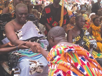 Oseadieyo Agyemang Badu II (left), President of the Bono Regional House of Chiefs, exchanging pleasantries with Ansu Kumi (back to camera), the Sunyani Municipal Chief Executive Oseadieyo Agyemang Badu II (left), President of the Bono Regional House of Chiefs, exchanging pleasantries with Ansu Kumi (back to camera), the Sunyani Municipal Chief Executive