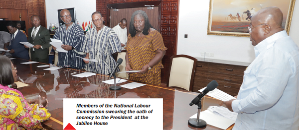 Members of the National Labour Commission swearing the oath of secrecy to the President at the Jubilee House Members of the National Labour Commission swearing the oath of secrecy to the President at the Jubilee House