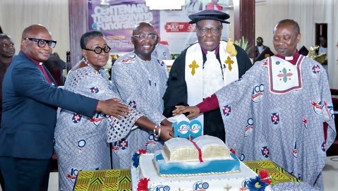 Vice-President Dr Mahamudu Bawumia (middle), joined by Rt Rev. Prof. Joseph Obiri Yeboah Mante (2nd from right), the Moderator of the General Assembly of the PCG, together with other church members to cut the 100 years anniversary cake at Akropong Vice-President Dr Mahamudu Bawumia (middle), joined by Rt Rev. Prof. Joseph Obiri Yeboah Mante (2nd from right), the Moderator of the General Assembly of the PCG, together with other church members to cut the 100 years anniversary cake at Akropong