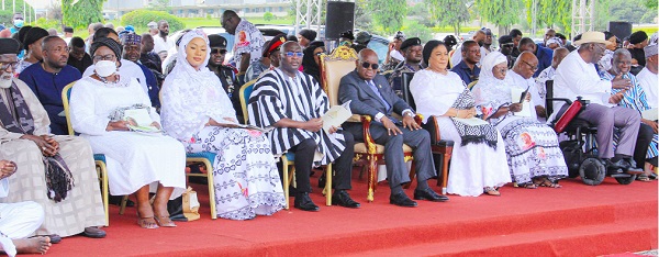 President Akufo-Addo (5th from left) with some dignitaries at the ceremony. Among them are Vice-President Mahamudu Bawumia (4th from left), Rebecca Akufo-Addo (6th from left), the First Lady; Samira Bawumia (3rd from left), wife of the vice-president, former President John Agyekum Kufuor (2nd from right), Sheik Osmanu Nuhu Sharubutu (left), the National Chief Imam; Professor Mike Oquaye (3rd from right), former Speaker of Parliament, and Akosua Frema Osei-Opare, the Chief of Staff President Akufo-Addo (5th from left) with some dignitaries at the ceremony. Among them are Vice-President Mahamudu Bawumia (4th from left), Rebecca Akufo-Addo (6th from left), the First Lady; Samira Bawumia (3rd from left), wife of the vice-president, former President John Agyekum Kufuor (2nd from right), Sheik Osmanu Nuhu Sharubutu (left), the National Chief Imam; Professor Mike Oquaye (3rd from right), former Speaker of Parliament, and Akosua Frema Osei-Opare, the Chief of Staff