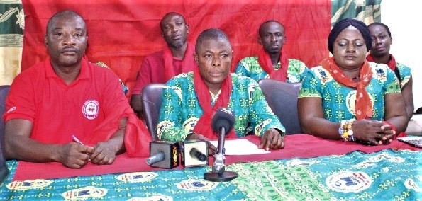 Mr Godwin Awoonor-Yevu (middle), the Eastern Regional Chairman of National Association of Graduate Teachers (NAGRAT) addressing the press as Mr Coker Ntiamoah (left), the Regional Secretary and Linda Ama Boadiwaa (right), the Regional Gender Coordinator and other members looked on. Mr Godwin Awoonor-Yevu (middle), the Eastern Regional Chairman of National Association of Graduate Teachers (NAGRAT) addressing the press as Mr Coker Ntiamoah (left), the Regional Secretary and Linda Ama Boadiwaa (right), the Regional Gender Coordinator and other members looked on.