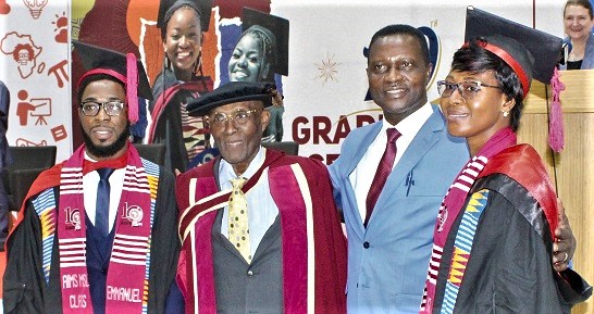 Dr Yaw Osei Adutwum (2nd from right), Minister of Education, with Professor Edward Ayensu (2nd from left), Board Chairman, AIMS, With them are Abigail Amankwah (right) and Emmanuel Haizel (left), both Valedictorians. Picture: ERNEST KODZI Dr Yaw Osei Adutwum (2nd from right), Minister of Education, with Professor Edward Ayensu (2nd from left), Board Chairman, AIMS, With them are Abigail Amankwah (right) and Emmanuel Haizel (left), both Valedictorians. Picture: ERNEST KODZI