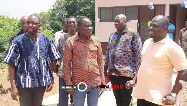 The Hon. Oti Regional Minister, Joshua M. Makubu and the Nkonya Wurupong  Association Secretary,  Mr. Ignatius Amoah - Aglubie, discussing ways to curb environmentally-related diseases and improving the lives of people in Nkonya Wurupong. Among the dignitaries that accompanied the Oti Regional Minister were the Deputy Regional Coordinating Director at Dambai and the Newly Posted  Chief Director at the office of the Regional Ministry.