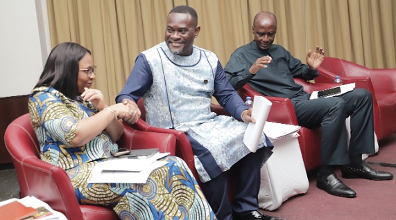 Dr John Kumah (middle), a Deputy Minister of Finance, shaking hands with Stella Dede Williams (left), acting Coordinating Director, Operations, Ministry of Finance. With them is Dr Patrick Nomo (right), Chief Director, Ministry of Finance. Picture: SAMUEL TEI ADANO Dr John Kumah (middle), a Deputy Minister of Finance, shaking hands with Stella Dede Williams (left), acting Coordinating Director, Operations, Ministry of Finance. With them is Dr Patrick Nomo (right), Chief Director, Ministry of Finance. Picture: SAMUEL TEI ADANO