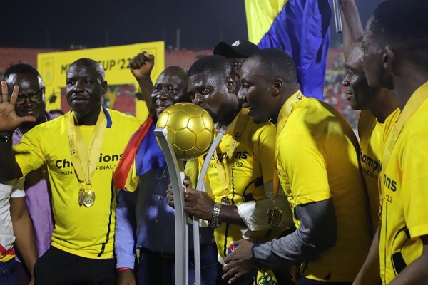 Hearts celebrating with the trophy