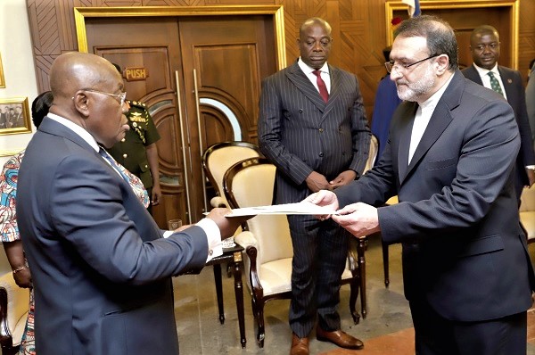 President Akufo-Addo receiving a letter of credence from Bijan Gerami Nazoksara (right), Iranian Ambassador to Ghana, at the Jubilee House. Pictures: SAMUEL TEI ADANO President Akufo-Addo receiving a letter of credence from Bijan Gerami Nazoksara (right), Iranian Ambassador to Ghana, at the Jubilee House. Pictures: SAMUEL TEI ADANO