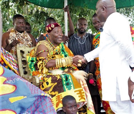 Okofrobour Osim Kwatia, the Gyasehene of the Akuapem Traditioal Area, welcoming Seth Kwame Acheampong, the Eastern Regional Minister, to the durbar ground Okofrobour Osim Kwatia, the Gyasehene of the Akuapem Traditioal Area, welcoming Seth Kwame Acheampong, the Eastern Regional Minister, to the durbar ground