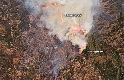 Fires are burning through parched forests near Yosemite National Park, California. Credit: NASA Earth Observatory