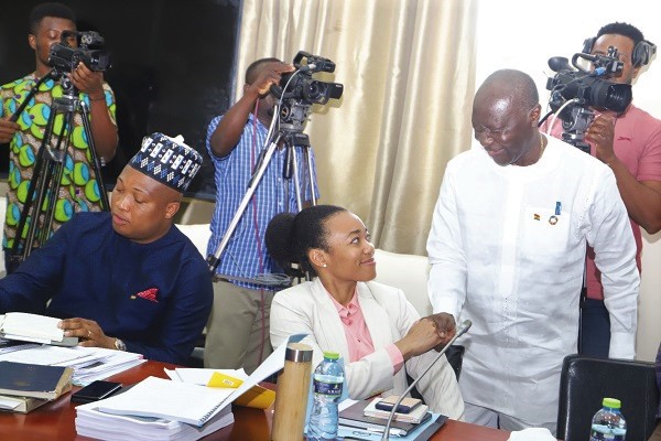 Ken Ofori-Atta (right), and Dr Zanetor Rawlings, NDC MP for Korle Klottey, in a pleasant mood. Left is Okudzeto Ablakwa NDC MP, North Tongu