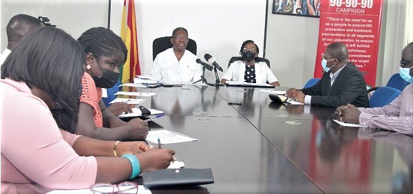Dr Kyeremeh Atuahene (3rd from right), Director-General, Ghana AIDS Commission, briefing the press on the zero discrimination against people living with HIV and AIDS. With him is Ms Angela Trenton Mbonde (2nd from right), Country Director, UNAIDS. Picture: BENEDICT OBUOB Dr Kyeremeh Atuahene (3rd from right), Director-General, Ghana AIDS Commission, briefing the press on the zero discrimination against people living with HIV and AIDS. With him is Ms Angela Trenton Mbonde (2nd from right), Country Director, UNAIDS. Picture: BENEDICT OBUOB