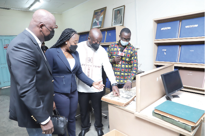 William Ashaley (right), Archivist, GCGL, briefing Franklin Asare (2nd from right), CEO, TechGulf, Jane Okyere-Aduachie (2nd from left), External Relations and Project Manager, American Chamber of Commerce-Ghana, and Ato Afful (left), MD, GCGL. Picture: SAMUEL TEI ADANO William Ashaley (right), Archivist, GCGL, briefing Franklin Asare (2nd from right), CEO, TechGulf, Jane Okyere-Aduachie (2nd from left), External Relations and Project Manager, American Chamber of Commerce-Ghana, and Ato Afful (left), MD, GCGL. Picture: SAMUEL TEI ADANO