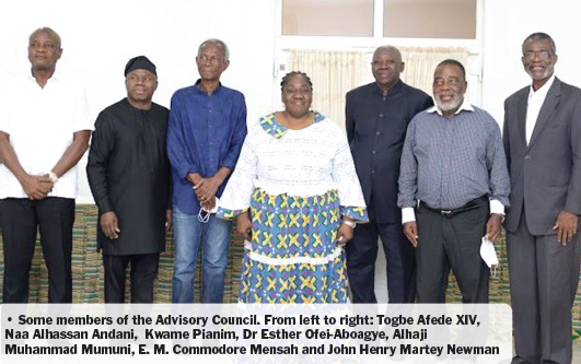 Some members of the Advisory Council. From left to right: Togbe Afede XIV, Naa Alhassan Andani, Kwame Pianim, Dr Esther Ofei-Aboagye, Alhaji Muhammad Mumuni, E. M. Commodore Mensah and John Henry Martey Newman Prof. Mills worth celebrating - Togbe Afede