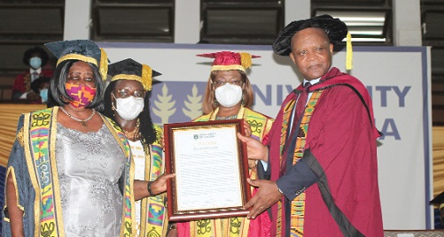 Mary Chinery-Hesse (left), Chancellor of the University of Ghana (UG), presenting a citation to Dr John Nkengasong (right), Director, Africa Centres for Disease Control and Prevention. Assisting are Justice Sophia Akuffo (2nd from right), Chairperson of the UG Governing Council, and Prof. Nana Aba Appiah Amfo (2nd from left), Vice-Chancellor, UG. Picture: MAXWELL OCLOO Mary Chinery-Hesse (left), Chancellor of the University of Ghana (UG), presenting a citation to Dr John Nkengasong (right), Director, Africa Centres for Disease Control and Prevention. Assisting are Justice Sophia Akuffo (2nd from right), Chairperson of the UG Governing Council, and Prof. Nana Aba Appiah Amfo (2nd from left), Vice-Chancellor, UG. Picture: MAXWELL OCLOO