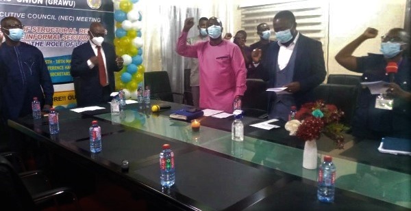 Anthony Oteng-Gyasi (2nd left) with Dr Charles Addae (left) and Mr Dominic Adamnor Nartey at the opening of the GRAWU meeting Anthony Oteng-Gyasi (2nd left) with Dr Charles Addae (left) and Mr Dominic Adamnor Nartey at the opening of the GRAWU meeting