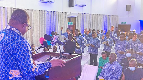 Rev. Prof. Charles Anum Adams, President of the GhIE, administering Engineering Pledge to the newly inducted artisans at the Engineers Centre, Accra