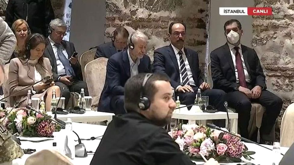 Roman Abramovich is seen sitting alongside President Recep Tayyip Erdogan's spokesman, Ibrahim Kalin Roman Abramovich is seen sitting alongside President Recep Tayyip Erdogan's spokesman, Ibrahim Kalin